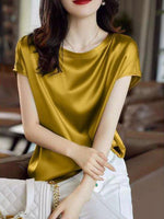 Silk Thin Short Sleeve Tees Korean Style Slip Woman Summer Clothes Tops Solid Loose Casual