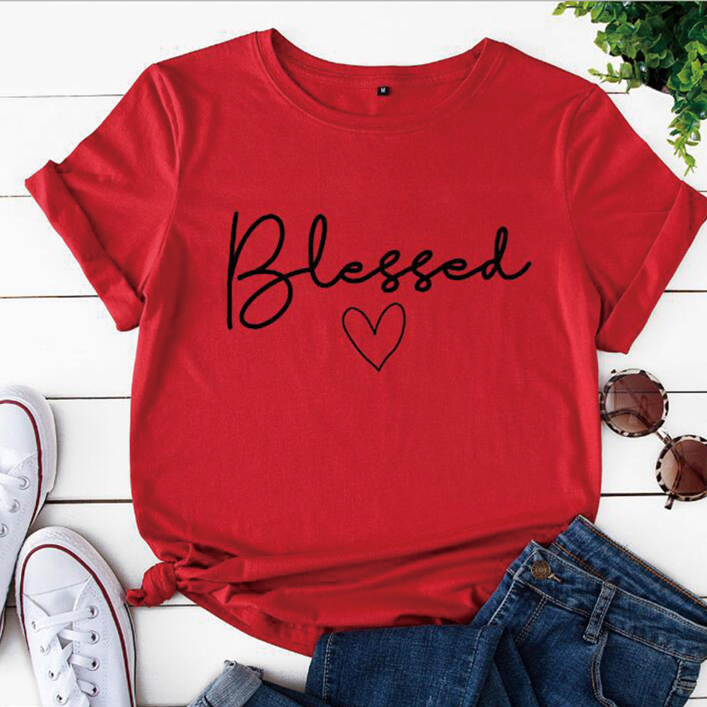 Blessed Heart Printing T-shirts Women Summer Clothes Casual Short Sleeve Tops