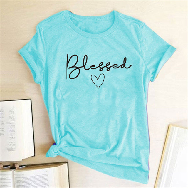 Blessed Heart Printing T-shirts Women Summer Clothes Casual Short Sleeve Tops