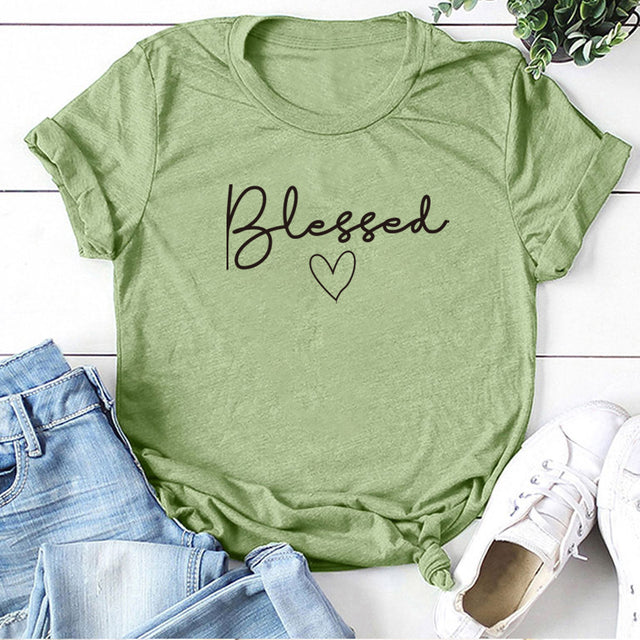 Blessed Heart Printing T-shirts Women Summer Clothes Casual Short Sleeve Tops