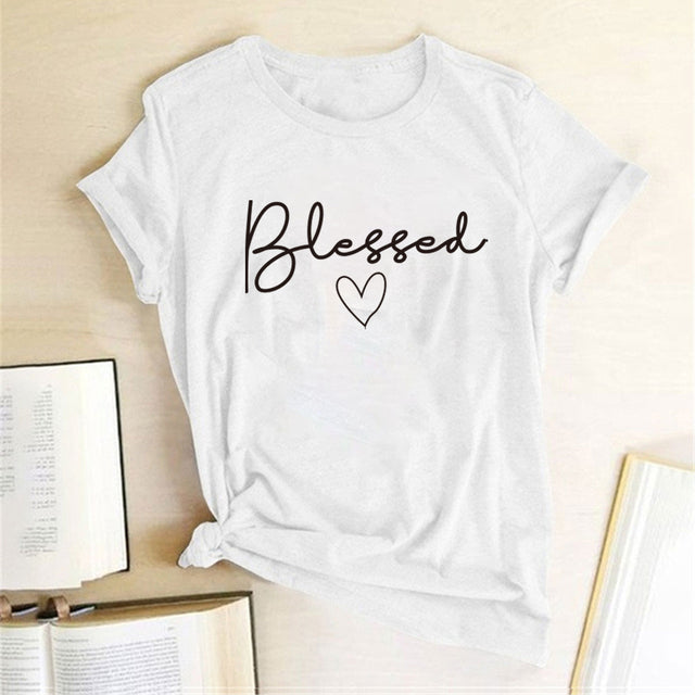 Blessed Heart Printing T-shirts Women Summer Clothes Casual Short Sleeve Tops