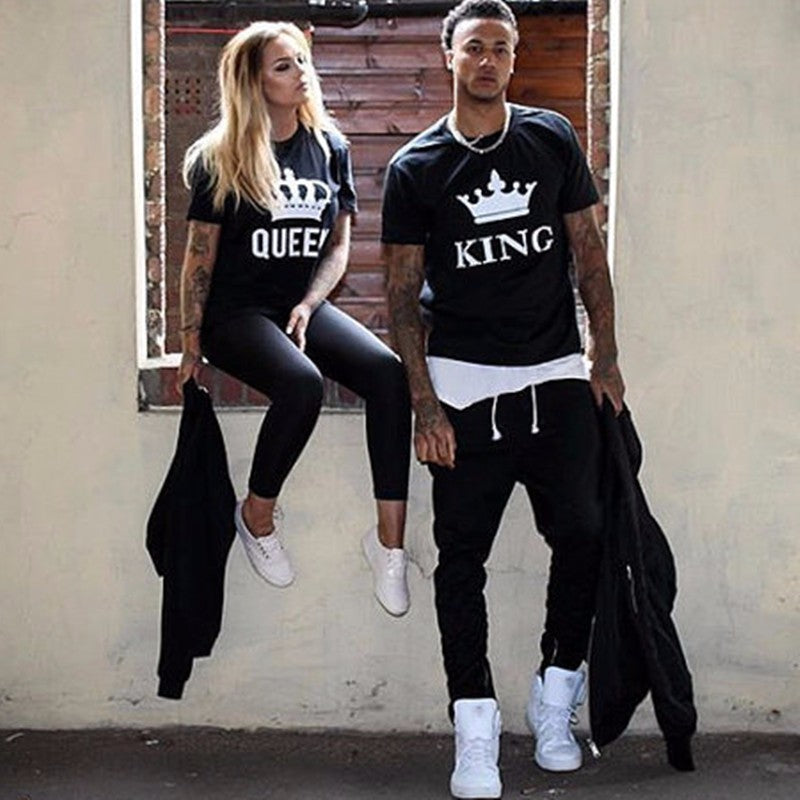 KING QUEEN Letter Printed Black Tshirts O Summer Casual Cotton Short Sleeve Tees Couple Tops