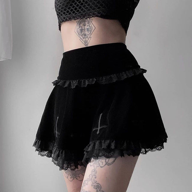 E-girl Gothic Lace Mini Pleated Skirt Women Aesthetic High Waist A-Line Short Skirt Streetwear