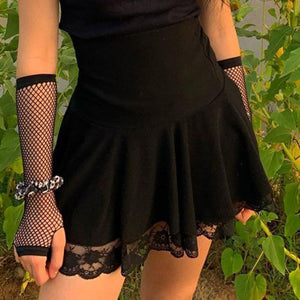 E-girl Gothic Lace Mini Pleated Skirt Women Aesthetic High Waist A-Line Short Skirt Streetwear