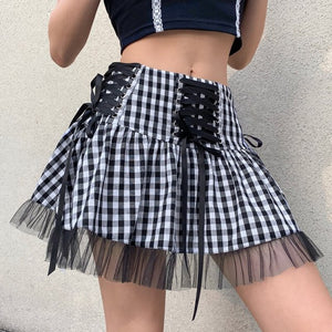 E-girl Gothic Lace Mini Pleated Skirt Women Aesthetic High Waist A-Line Short Skirt Streetwear