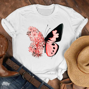 Women Lady Cartoon Butterfly Floral Fall Autumn Shirt Clothes Tshirt