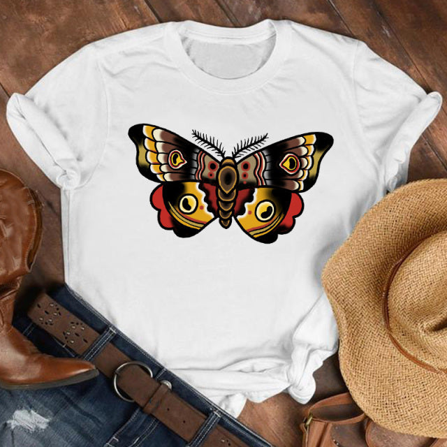 Women Lady Cartoon Butterfly Floral Fall Autumn Shirt Clothes Tshirt