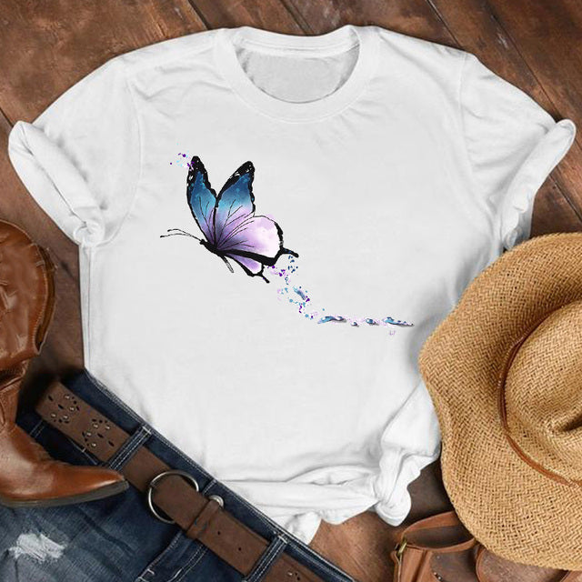 Women Lady Cartoon Butterfly Floral Fall Autumn Shirt Clothes Tshirt