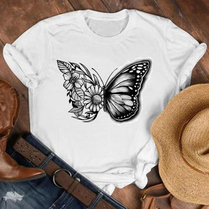 Women Lady Cartoon Butterfly Floral Fall Autumn Shirt Clothes Tshirt