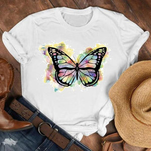 Women Lady Cartoon Butterfly Floral Fall Autumn Shirt Clothes Tshirt