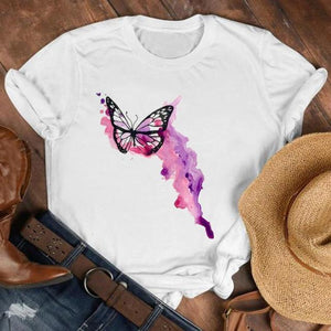 Women Lady Cartoon Butterfly Floral Fall Autumn Shirt Clothes Tshirt