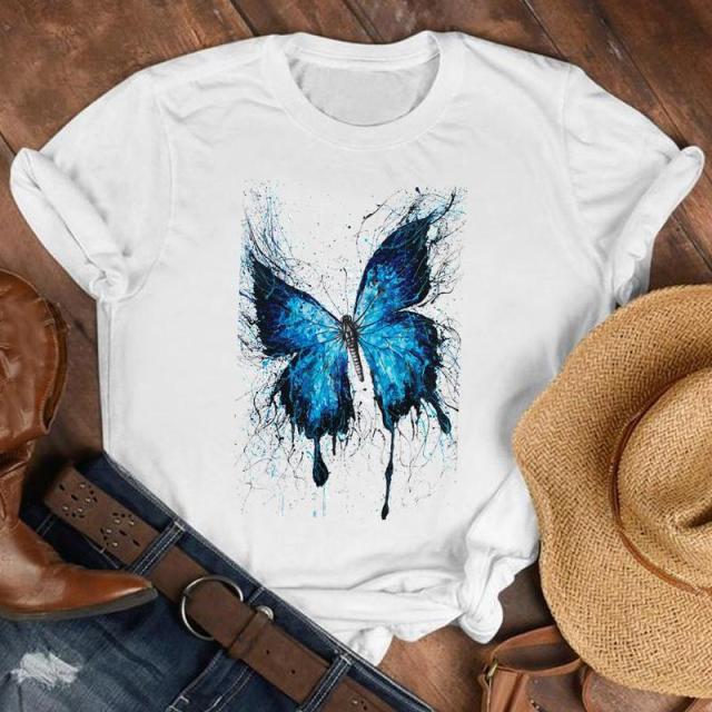 Women Lady Cartoon Butterfly Floral Fall Autumn Shirt Clothes Tshirt