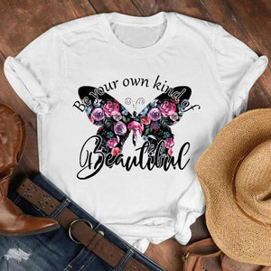 Women Lady Cartoon Butterfly Floral Fall Autumn Shirt Clothes Tshirt