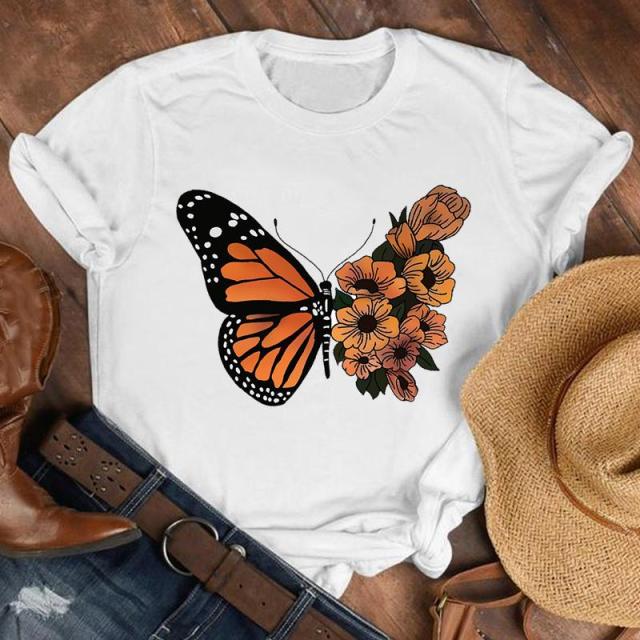 Women Lady Cartoon Butterfly Floral Fall Autumn Shirt Clothes Tshirt