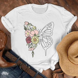 Women Lady Cartoon Butterfly Floral Fall Autumn Shirt Clothes Tshirt