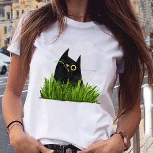 Women Graphic Cat Lovely Animal Fashion Short Sleeve Summer Cartoon Print Female Clothes Tops Tees