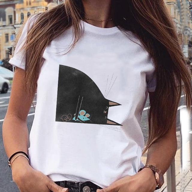 Women Graphic Cat Lovely Animal Fashion Short Sleeve Summer Cartoon Print Female Clothes Tops Tees