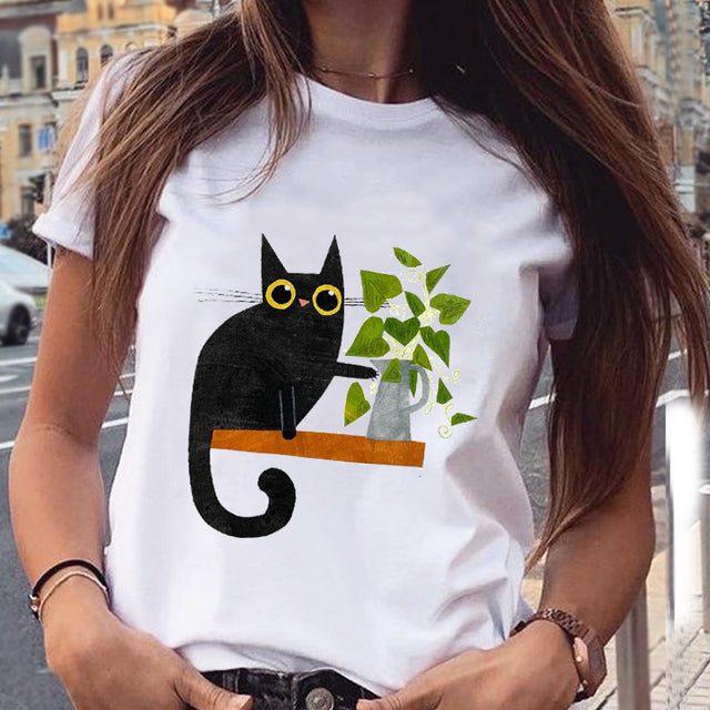 Women Graphic Cat Lovely Animal Fashion Short Sleeve Summer Cartoon Print Female Clothes Tops Tees