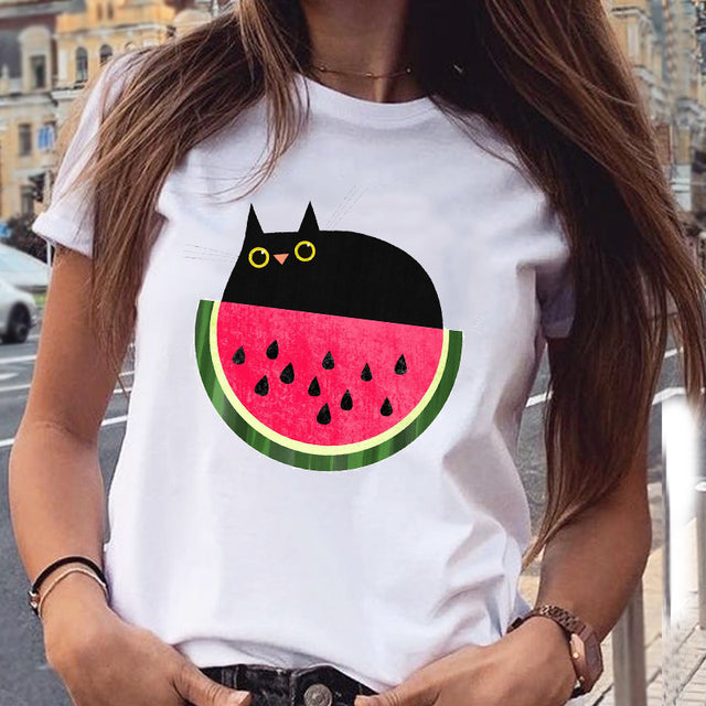 Women Graphic Cat Lovely Animal Fashion Short Sleeve Summer Cartoon Print Female Clothes Tops Tees