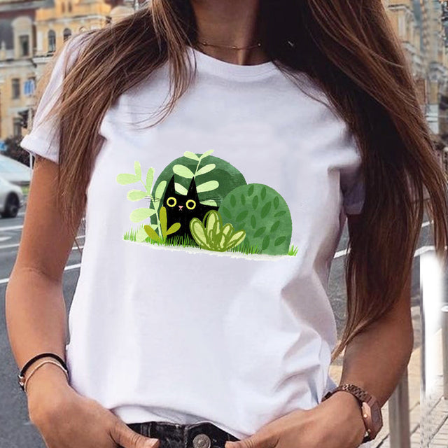 Women Graphic Cat Lovely Animal Fashion Short Sleeve Summer Cartoon Print Female Clothes Tops Tees