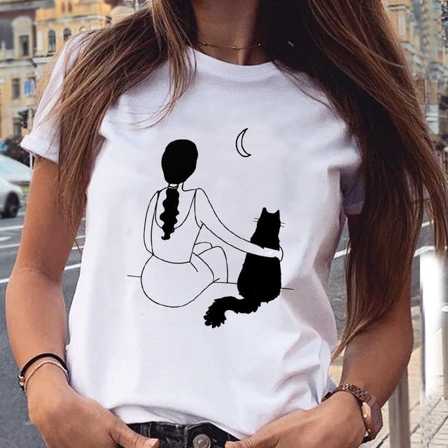 Women Graphic Cat Lovely Animal Fashion Short Sleeve Summer Cartoon Print Female Clothes Tops Tees