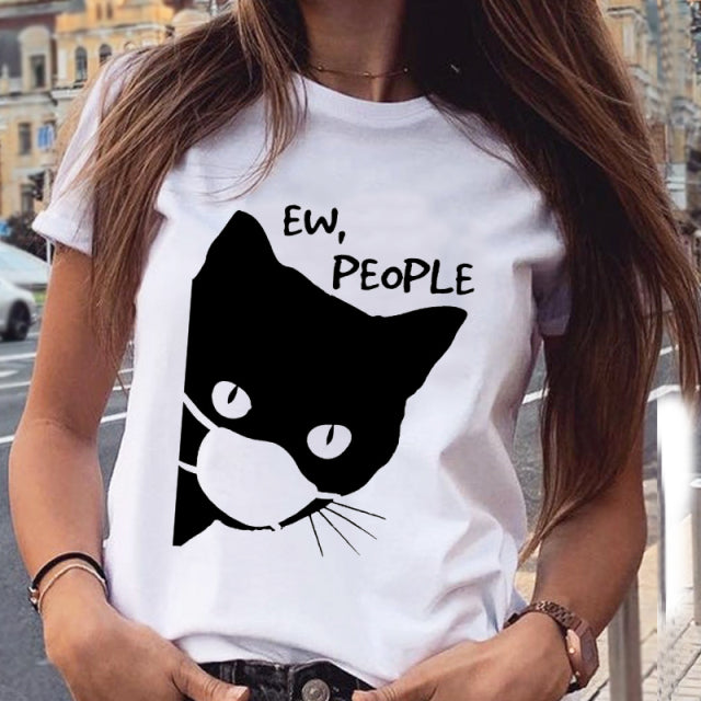 Women Graphic Cat Lovely Animal Fashion Short Sleeve Summer Cartoon Print Female Clothes Tops Tees