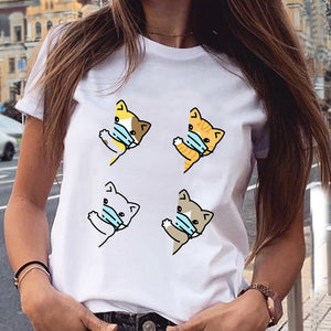 Women Graphic Cat Lovely Animal Fashion Short Sleeve Summer Cartoon Print Female Clothes Tops Tees