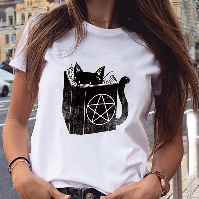 Women Graphic Cat Lovely Animal Fashion Short Sleeve Summer Cartoon Print Female Clothes Tops Tees