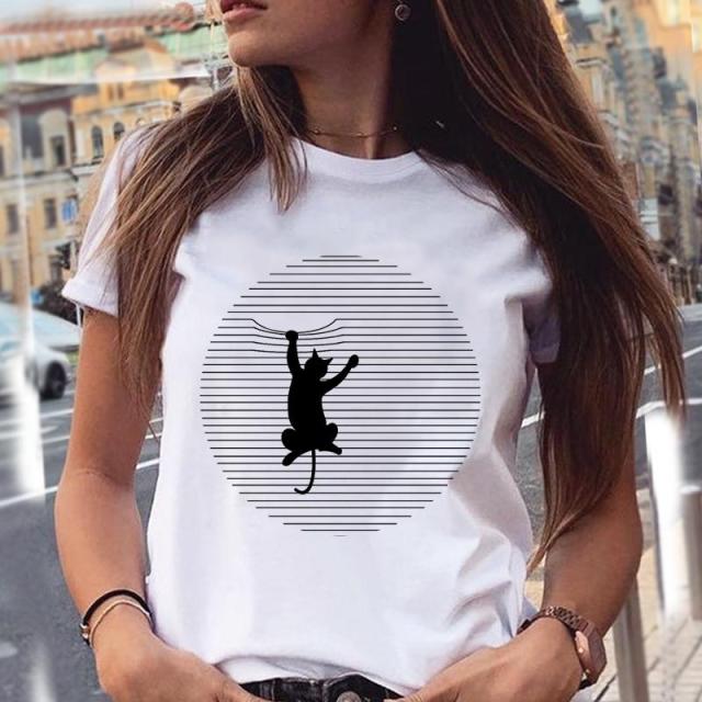 Women Graphic Cat Lovely Animal Fashion Short Sleeve Summer Cartoon Print Female Clothes Tops Tees