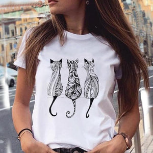 Women Graphic Cat Lovely Animal Fashion Short Sleeve Summer Cartoon Print Female Clothes Tops Tees