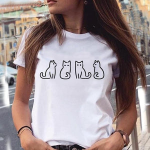 Women Graphic Cat Lovely Animal Fashion Short Sleeve Summer Cartoon Print Female Clothes Tops Tees