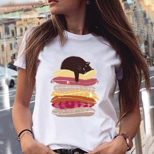 Women Graphic Cat Lovely Animal Fashion Short Sleeve Summer Cartoon Print Female Clothes Tops Tees