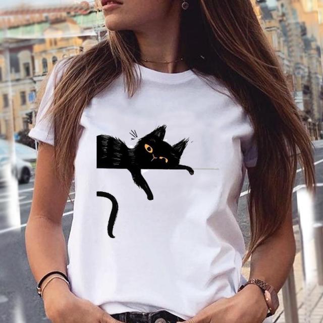 Women Graphic Cat Lovely Animal Fashion Short Sleeve Summer Cartoon Print Female Clothes Tops Tees