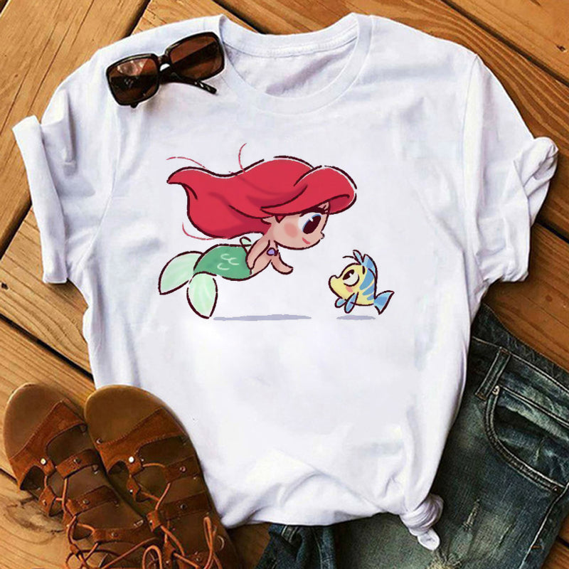 Disney Cartoon T Shirt Women Ariel Tees Cute Anime Little Princess Kids Tshirt Female