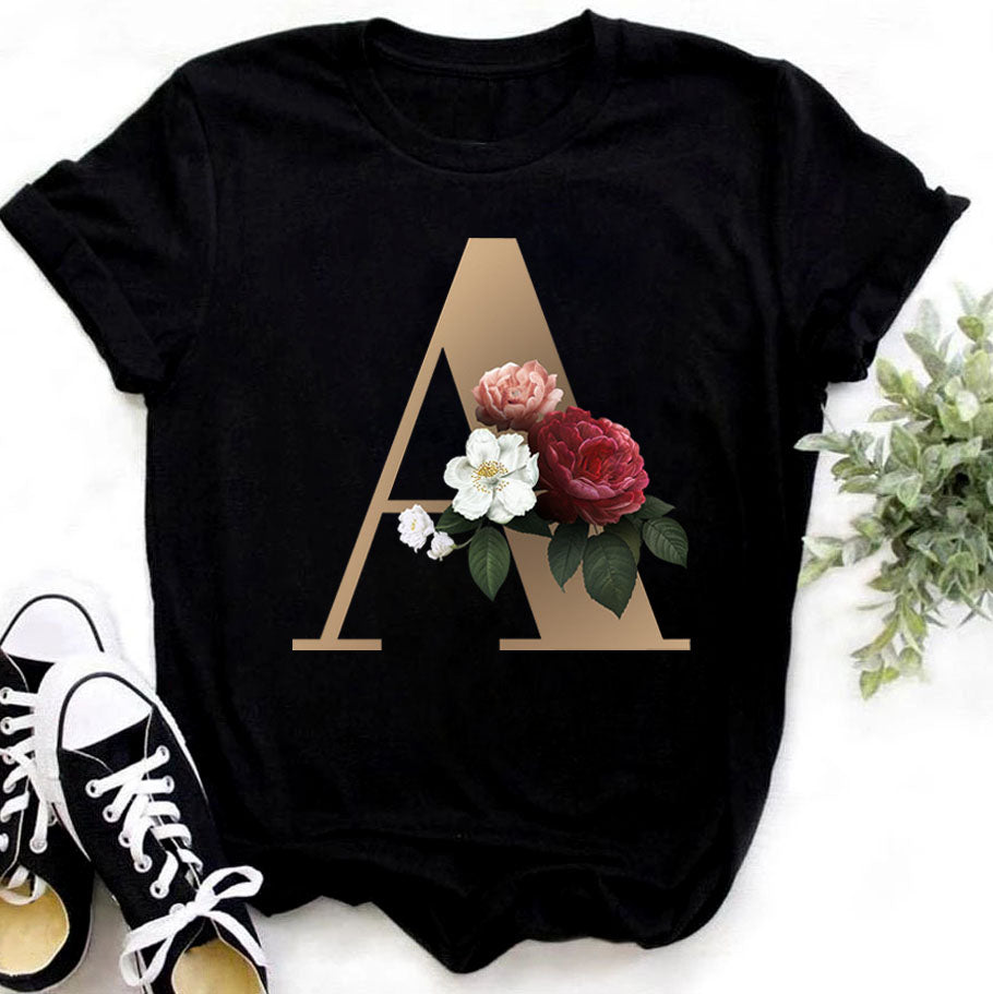 Custom Name Letter Combination Fashion Women T-shirt Flower Letter Font A B C D E F G Short Sleeve Tops