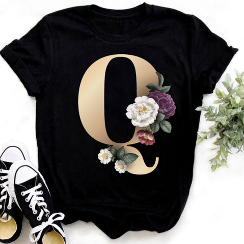 Custom Name Letter Combination Fashion Women T-shirt Flower Letter Font A B C D E F G Short Sleeve Tops