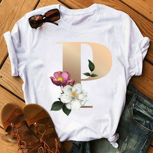 Custom Name Letter Combination Fashion Women T-shirt Flower Letter Font A B C D E F G Short Sleeve Tops
