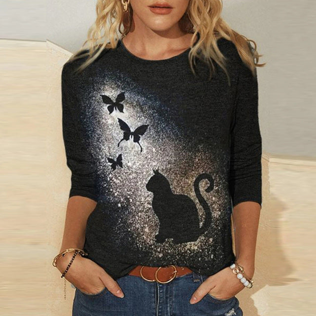 Summer Women Clothing Funny Cat 3D Print Long Sleeve T-Shirts Ladies Fashion Tops