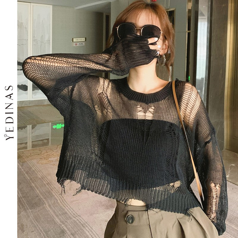 Black Thin Women Loose Sweater Lady Hollow Out Hole Broken Streetwear Stretch Split Knit Short Top