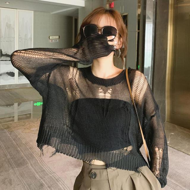 Black Thin Women Loose Sweater Lady Hollow Out Hole Broken Streetwear Stretch Split Knit Short Top