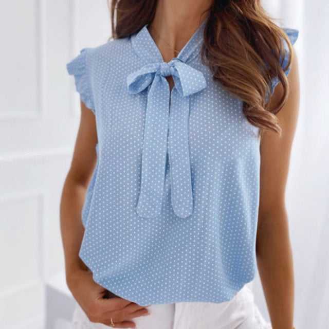 Women Summer Elegant Ruffles Sleeveless Polka Pot Lace Up Tie Bow Blouses and Shirts Casual Sexy Tops