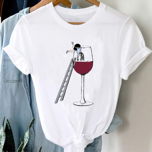 T-shirts Women Cartoon Wine Funny Fashion Clothing Spring Summer Clothes Tshirt