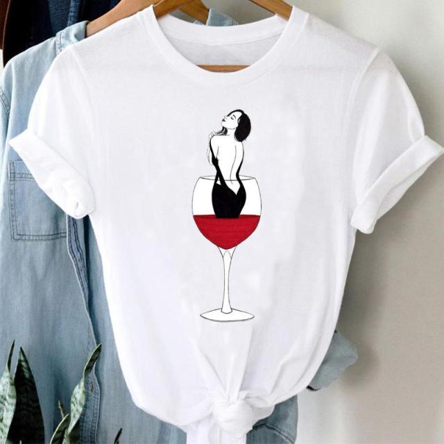 T-shirts Women Cartoon Wine Funny Fashion Clothing Spring Summer Clothes Tshirt