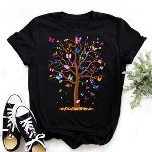 Woman Butterfly Tree Print Summer Tshirts Casual Round Neck Short Sleeve Top Tee Shirt Women