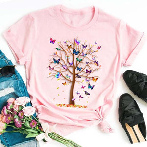 Woman Butterfly Tree Print Summer Tshirts Casual Round Neck Short Sleeve Top Tee Shirt Women