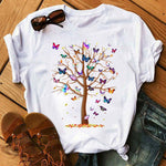 Woman Butterfly Tree Print Summer Tshirts Casual Round Neck Short Sleeve Top Tee Shirt Women