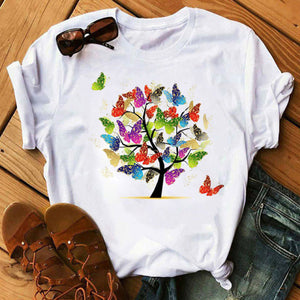 Woman Butterfly Tree Print Summer Tshirts Casual Round Neck Short Sleeve Top Tee Shirt Women