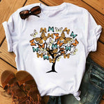 Woman Butterfly Tree Print Summer Tshirts Casual Round Neck Short Sleeve Top Tee Shirt Women