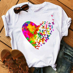 Woman Butterfly Tree Print Summer Tshirts Casual Round Neck Short Sleeve Top Tee Shirt Women