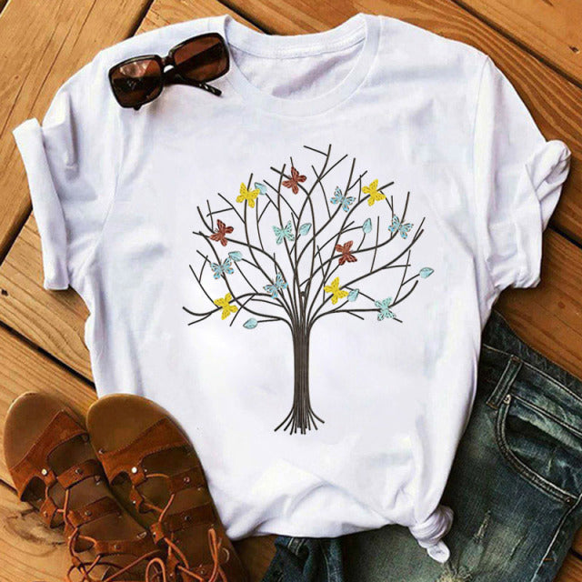 Woman Butterfly Tree Print Summer Tshirts Casual Round Neck Short Sleeve Top Tee Shirt Women